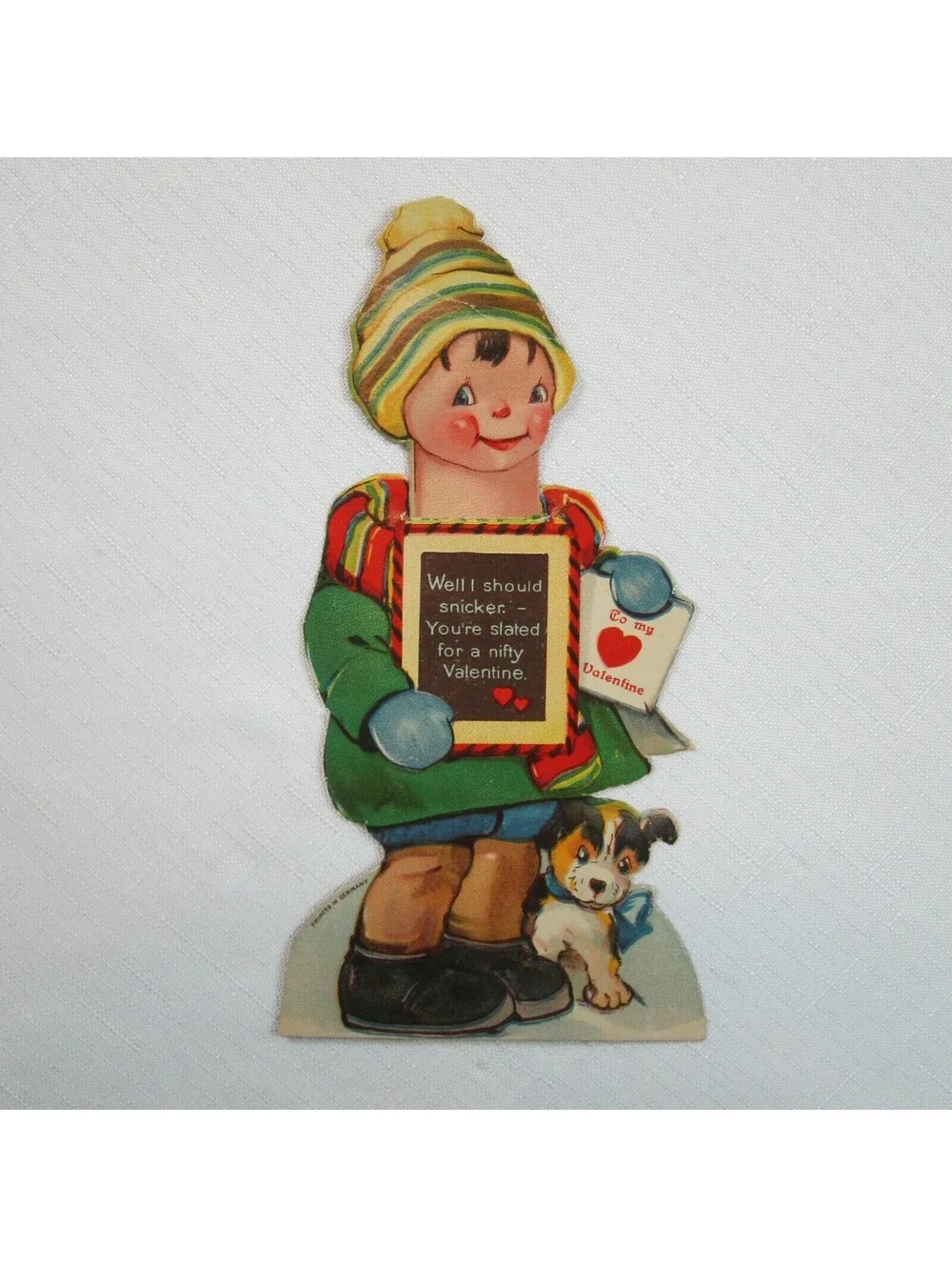 Vintage Valentine Card Boy & Puppy Dog Mechanical Moving Head Germany 20s-30s